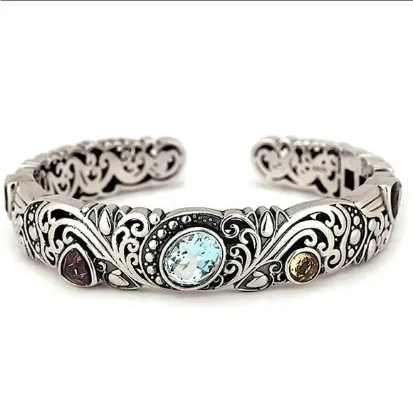 Vintage Sterling Silver Bangle, Multicolor Gemstone Engraved Cuff, Elegant - Picture 2 of 5